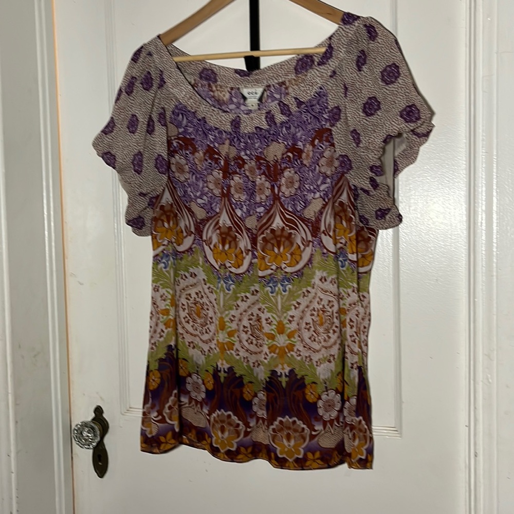 ECI Women New York Short Sleeve Peasant Shirt Round Neck Beautiful Design Sz 16